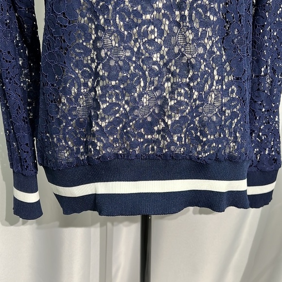 MASSINI Sheer Lace Crew Neck Navy Blue Blouse with Ruffle - Size Small - Picture 5 of 8